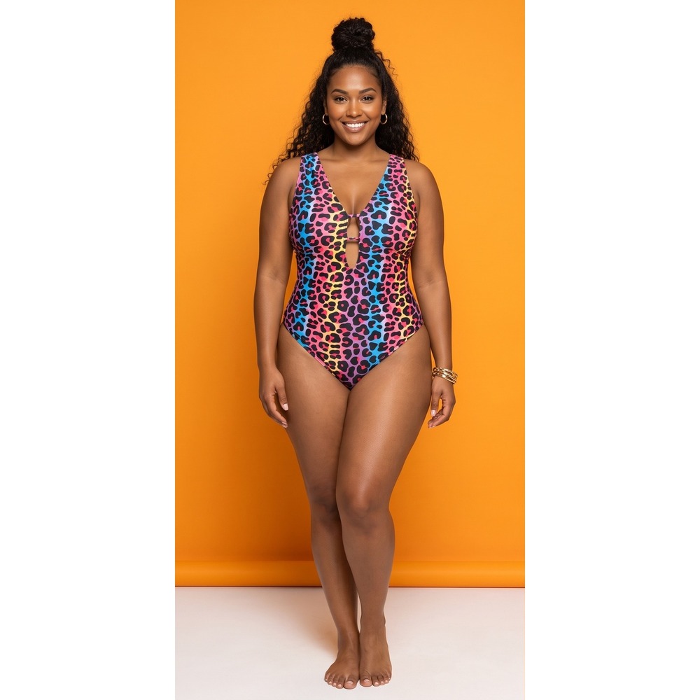 Rainbow Ombre Leopard Print One Piece Swimsuit Strappy Back Keyhole 2XL